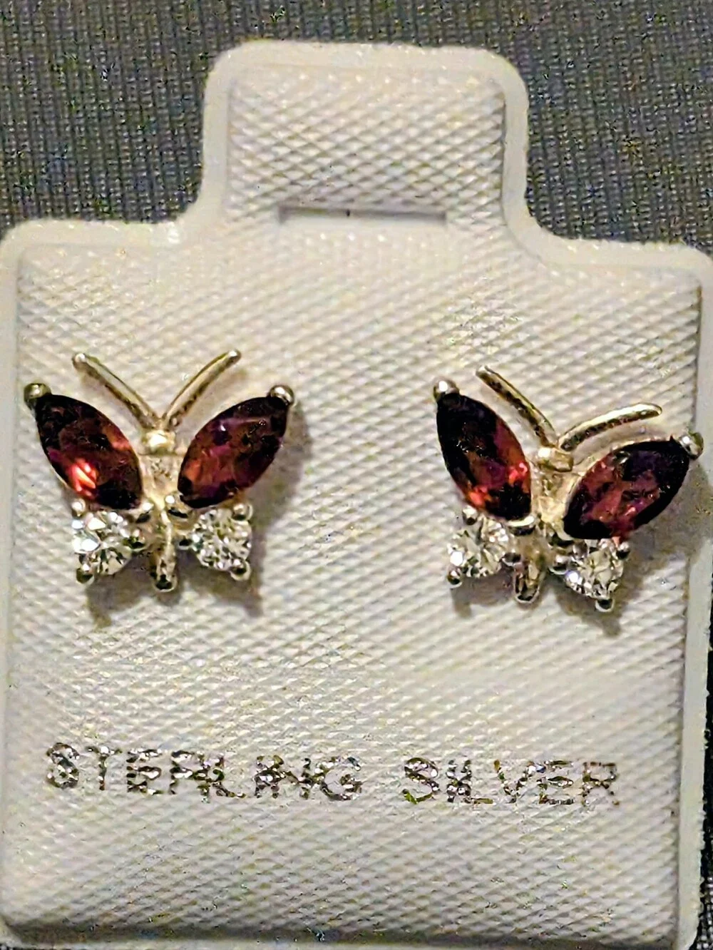Garnet And CZ Butterfly Earrings Post Back  Set In 925 Sterling Silver